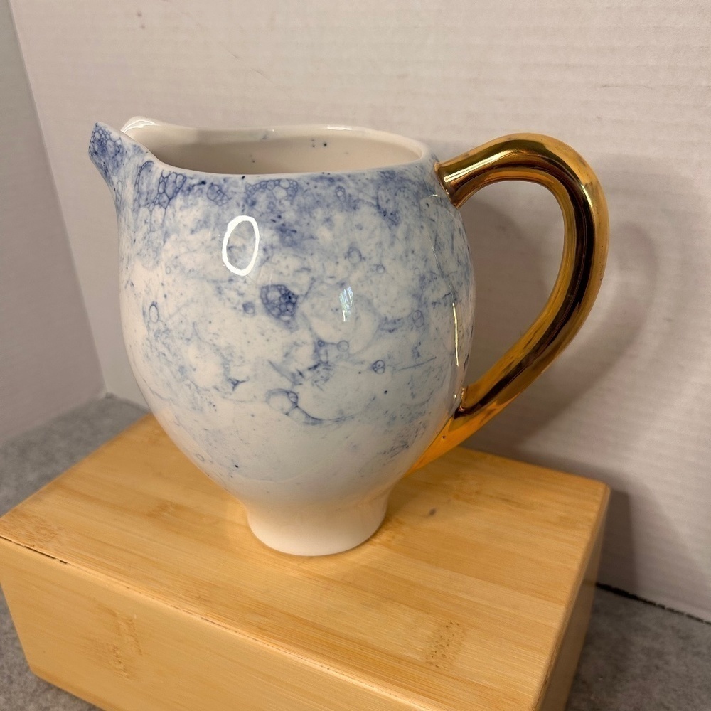 Anthropologie Blue Ceramic Pitcher Gold Handle Holds Approx 30oz 7x5x6.5” Nice!